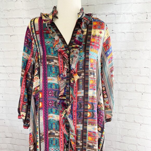 NEW Johnny Was Beatrice Cherie Silk Dress Small Tiered Ruffle Trim Mixed Pattern - Picture 2 of 7